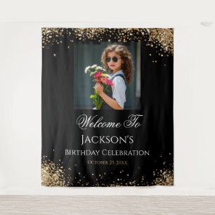 Gold Glitter Photo Any Age Birthday Celebration Tapestry