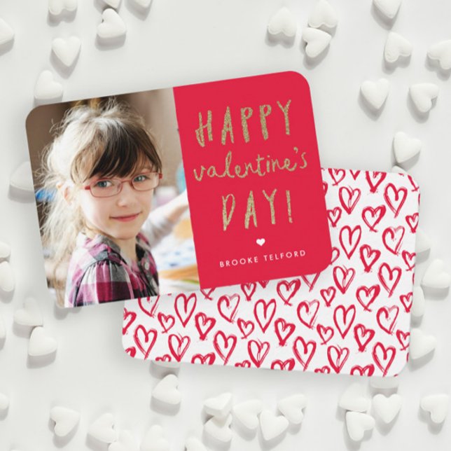 Gold Glitter Photo Classroom Happy Valentine’s Day Card (Handwritten gold glitter photo classroom Valentine's Day cards.)