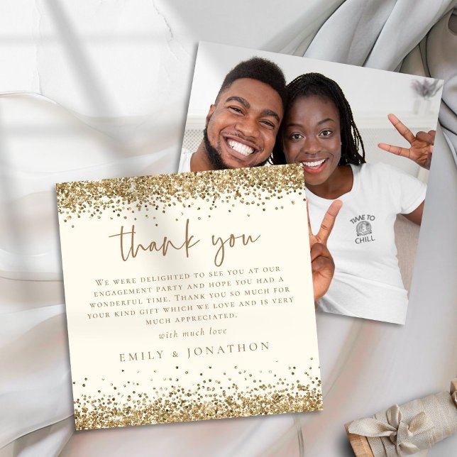 Gold Glitter Photo Cream Engagement Thanks Card (Front and back view)