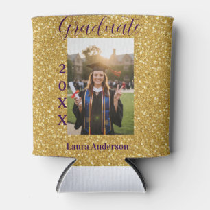 Gold glitter photo graduation add name class text can cooler