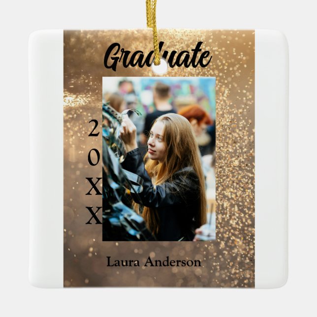 Gold glitter photo graduation add name class text ceramic ornament (Front)
