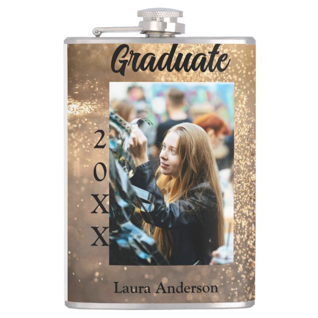 Gold glitter photo graduation add name class text hip flask (Front)