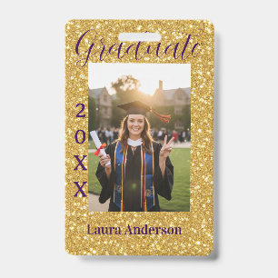 Gold glitter photo graduation add name class text ID badge
