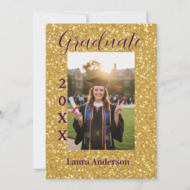 Gold glitter photo graduation add name class text invitation (Front)