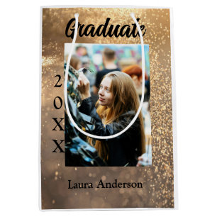 Gold glitter photo graduation add name class text medium gift bag