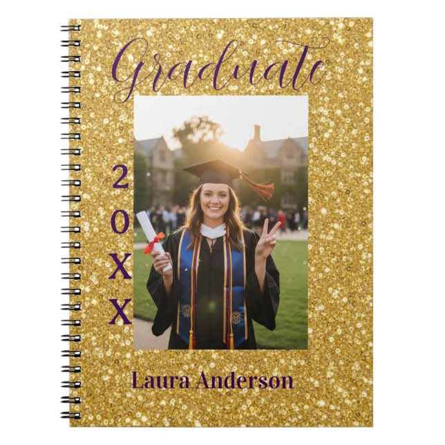 Gold glitter photo graduation add name class text notebook (Front)