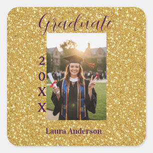 Gold glitter photo graduation add name class text square sticker