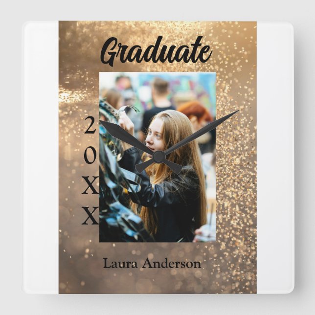 Gold glitter photo graduation add name class text square wall clock (Front)