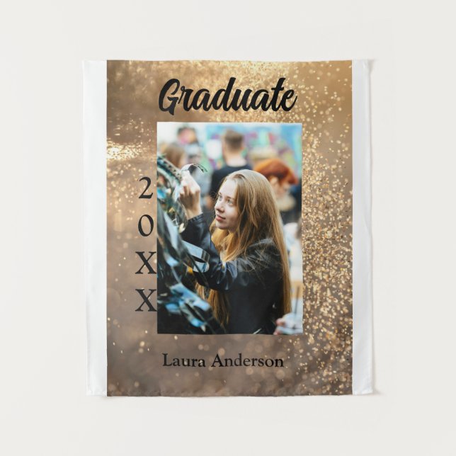 Gold glitter photo graduation add name class text tapestry (Front)