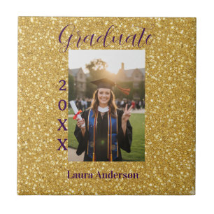 Gold glitter photo graduation add name class text tile