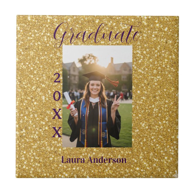 Gold glitter photo graduation add name class text tile (Front)