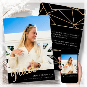 Gold Glitter Photo Graduation Announcement Card
