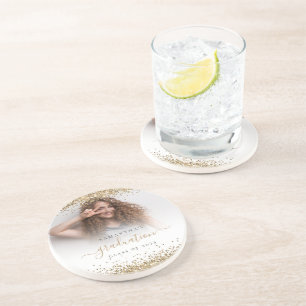 Gold Glitter Photo Name Graduation 2024 Coaster