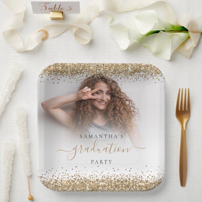 Gold Glitter Photo Name Graduation 2024 Party Pape Paper Plate (Wedding)