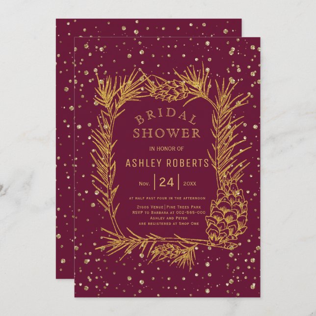Gold glitter pine burgundy winter bridal shower invitation (Front/Back)