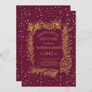 Gold glitter pine burgundy winter rehearsal dinner invitation