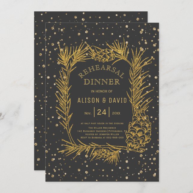 Gold glitter pine charcoal grey rehearsal dinner invitation (Front/Back)
