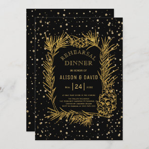 Gold glitter pine confetti black rehearsal dinner invitation