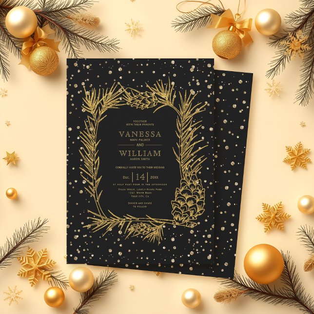 Gold glitter pine, confetti black winter wedding invitation (Creator Uploaded)
