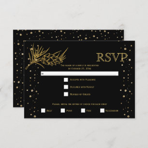 Gold glitter pine, confetti black winter wedding RSVP card