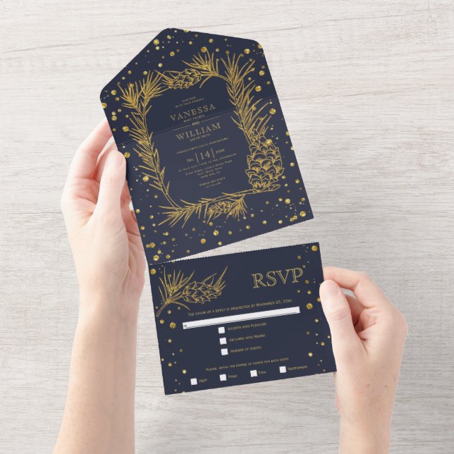 Gold glitter pine, confetti midnight blue wedding all in one invitation (Tearaway)