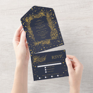 Gold glitter pine, confetti midnight blue wedding all in one invitation
