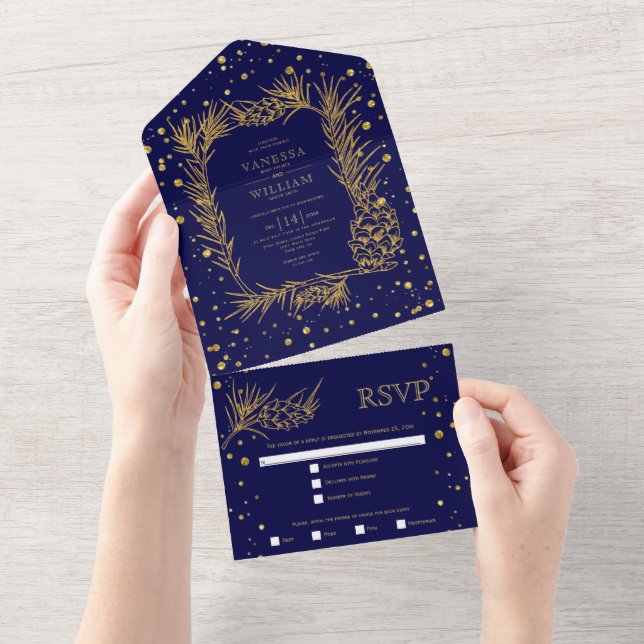 Gold glitter pine, confetti navy blue wedding all all in one invitation (Tearaway)
