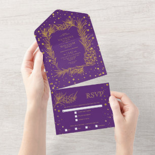 Gold glitter pine, confetti purple wedding all in one invitation