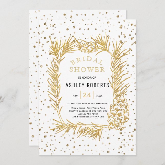 Gold glitter pine, confetti winter bridal shower invitation (Front/Back)
