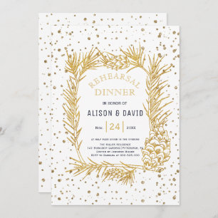 Gold glitter pine confetti winter rehearsal dinner invitation