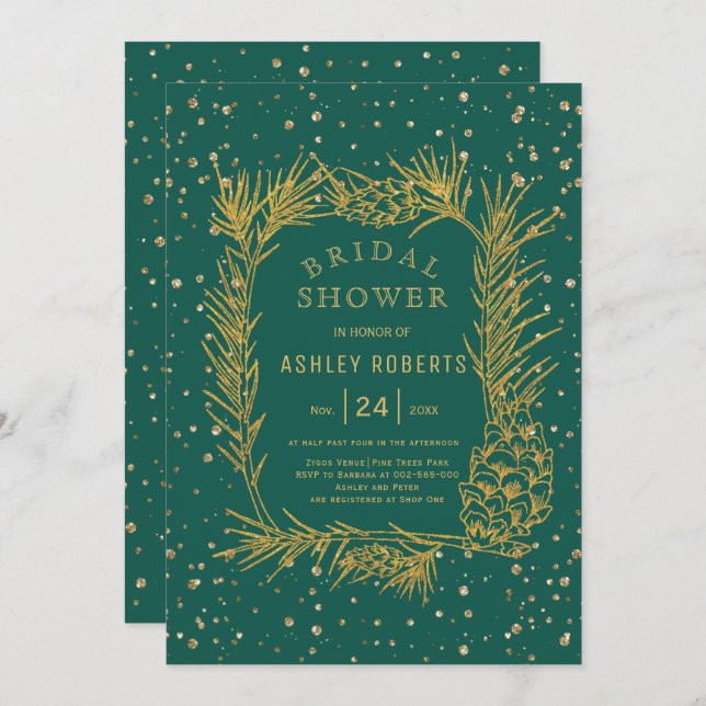 Gold glitter pine evergreen winter bridal shower invitation (Front/Back)
