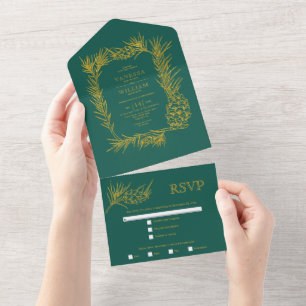 Gold glitter pine frame evergreen winter wedding a all in one invitation