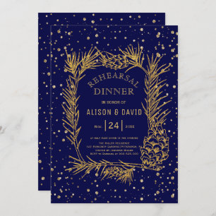 Gold glitter pine navy blue rehearsal dinner invitation
