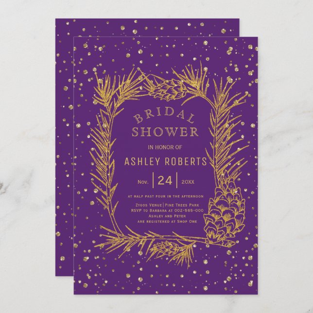 Gold glitter pine purple winter bridal shower invitation (Front/Back)