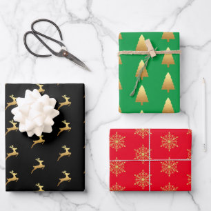 Gold Glitter Pine Tree Reindeer Snowflakes Festive Wrapping Paper Sheet
