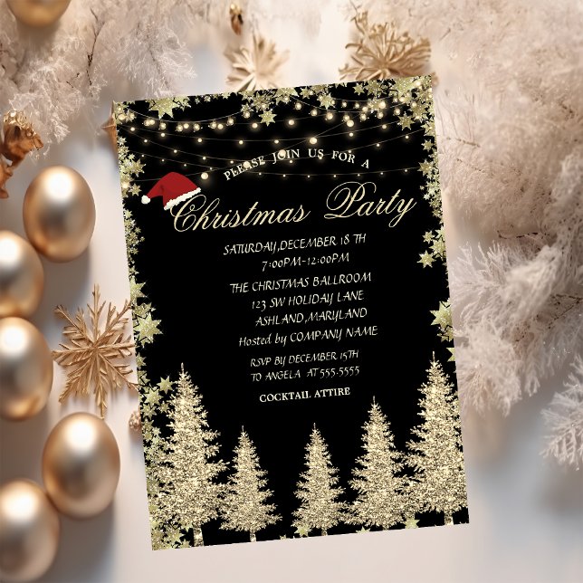 Gold Glitter Pine Tree,Stars Christmas Company  Invitation (Creator Uploaded)