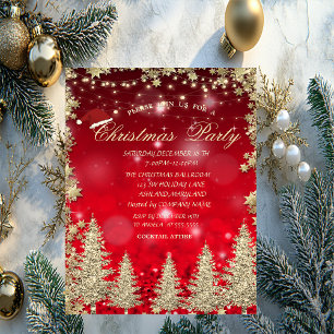 Gold Glitter Pine Tree,Stars Red Bokeh Company  Invitation