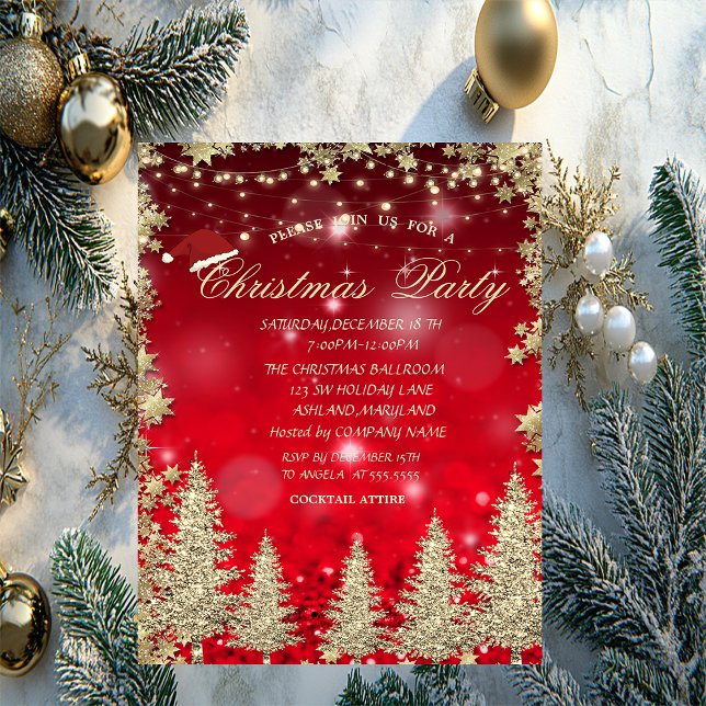 Gold Glitter Pine Tree,Stars Red Bokeh Company  Invitation (Creator Uploaded)