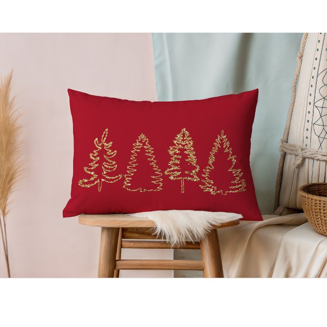Gold Glitter Pine Trees, Christmas Red, Lumbar Cushion (Gold Pine Trees I Christmas Red Lumbar Pillow)