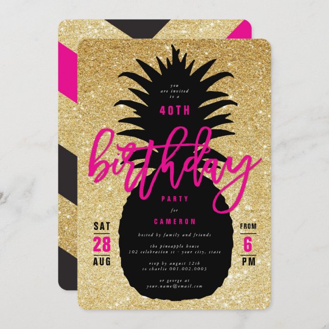 Gold Glitter Pineapple Chic Birthday Party Invite (Front/Back)