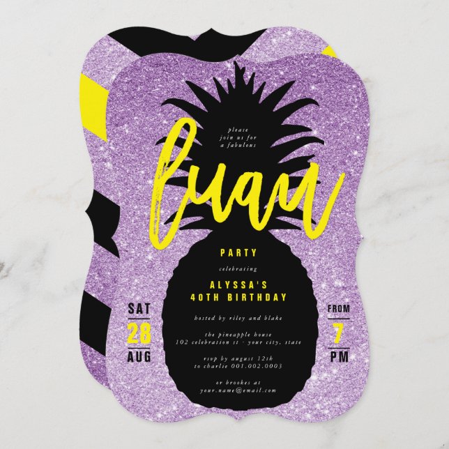 Gold Glitter Pineapple Luau Birthday Party Invite (Front/Back)