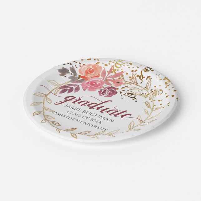 Gold Glitter Pink And Marsala Floral Grad Party Paper Plate (Angled)