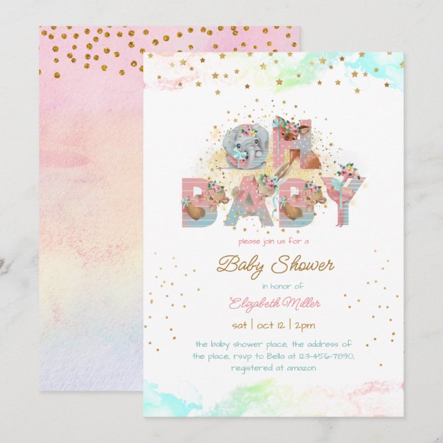 Gold Glitter Pink Blue Lovely Girl Baby Shower Invitation (Front/Back)