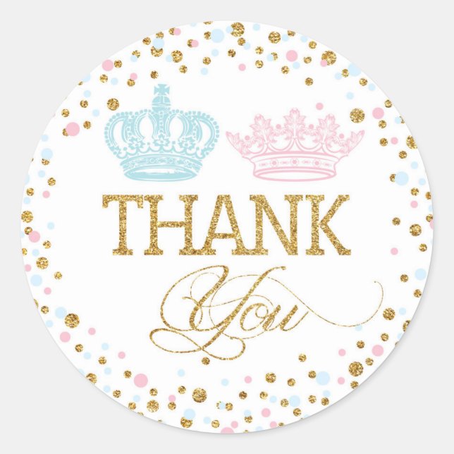 Gold Glitter Pink Blue Royal Twins Baby Shower Classic Round Sticker (Front)