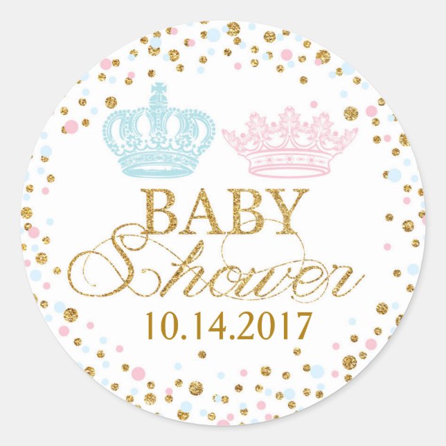 Gold Glitter Pink Blue Royal Twins Baby Shower Classic Round Sticker (Front)