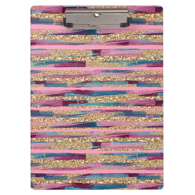Gold Glitter, Pink & Blue Striped Clipboard (Front)