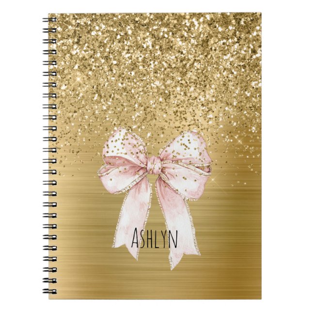 Gold Glitter Pink Bow Notebook (Front)