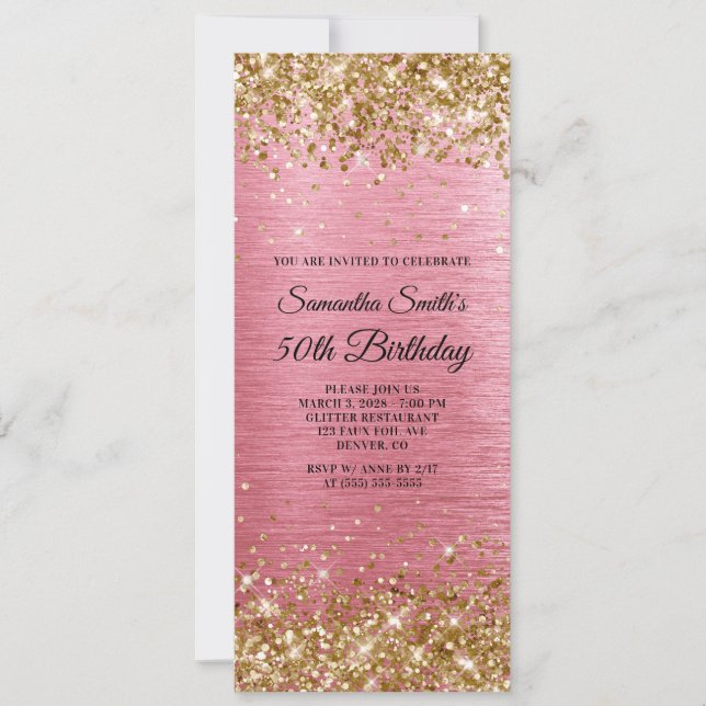 Gold Glitter Pink Brushed Foil 50th Birthday Invitation (Front)