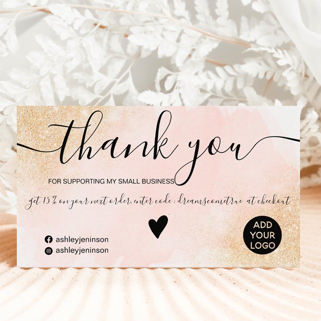 Gold glitter pink brushstroke order thank you business card (Creator Uploaded)