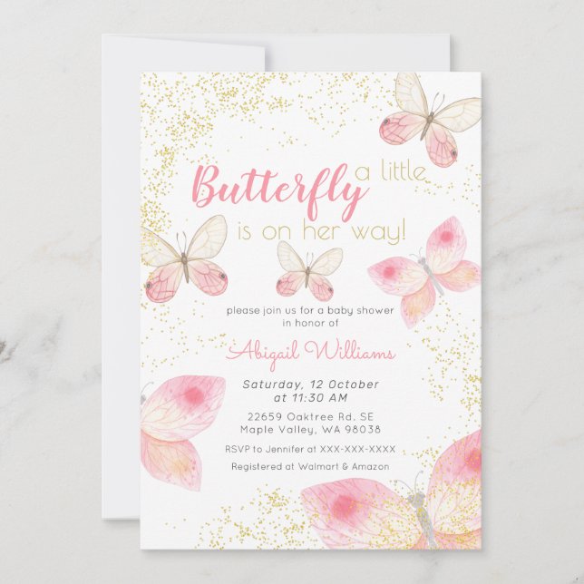 Gold Glitter Pink Butterflies Girl Baby Shower Invitation (Front)